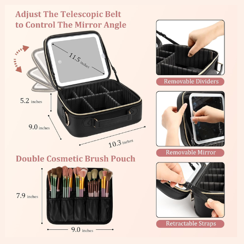 ESTUCHE DE COSMÉTICOS CON ESPEJO LED RECARGABLE , (3 ajustes de color) TU BELLEZA SIEMPRE REFINADA!